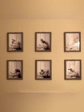 Set of 6 Framed Animal Bathtub Art Prints - Neutral Gray Frames